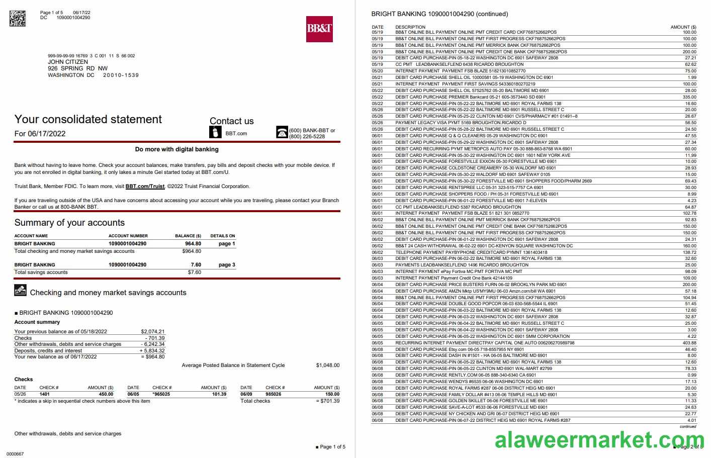 USA Washington BB&T bank 5 PAGES